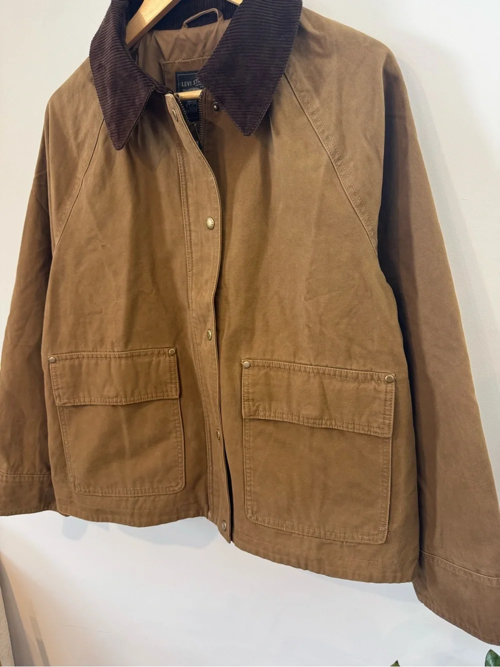 Levi’s Canvas Cotton Shorty Barn Coat, Cord Collar, Tan/Brown, Women’s L, NWT